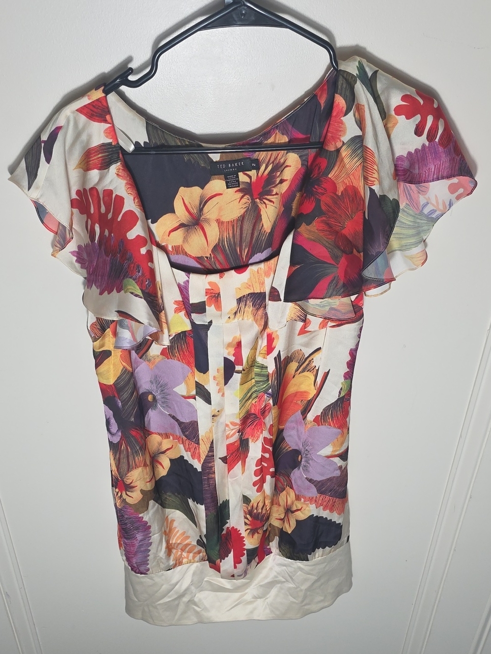 Ted Baker Cream Floral Flutter-Sleeve Dress with Multicolor Blooms